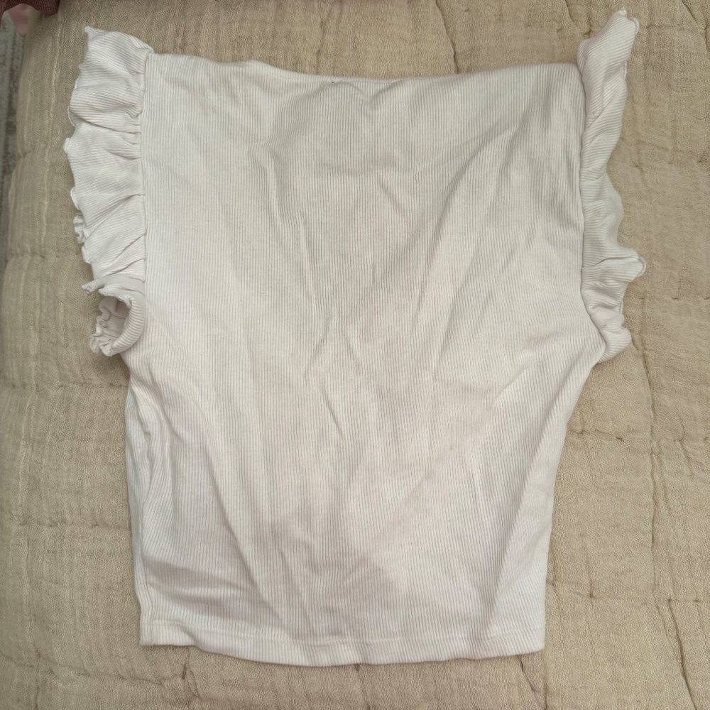 ZARA White Ruffled Ruched Crop Tank Top - Picture 4 of 5